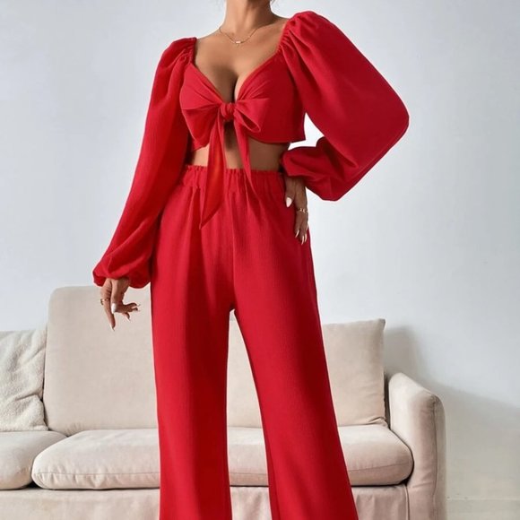 Coord Set Red Lantern long Sleeve Tie Front Crop Top & Wide Leg Pants - Picture 8 of 8